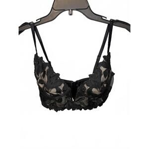 Fleur du Mal Lily Embroidered Underwire Plunge Demi Bra Black Sheer Lace Bra 36B